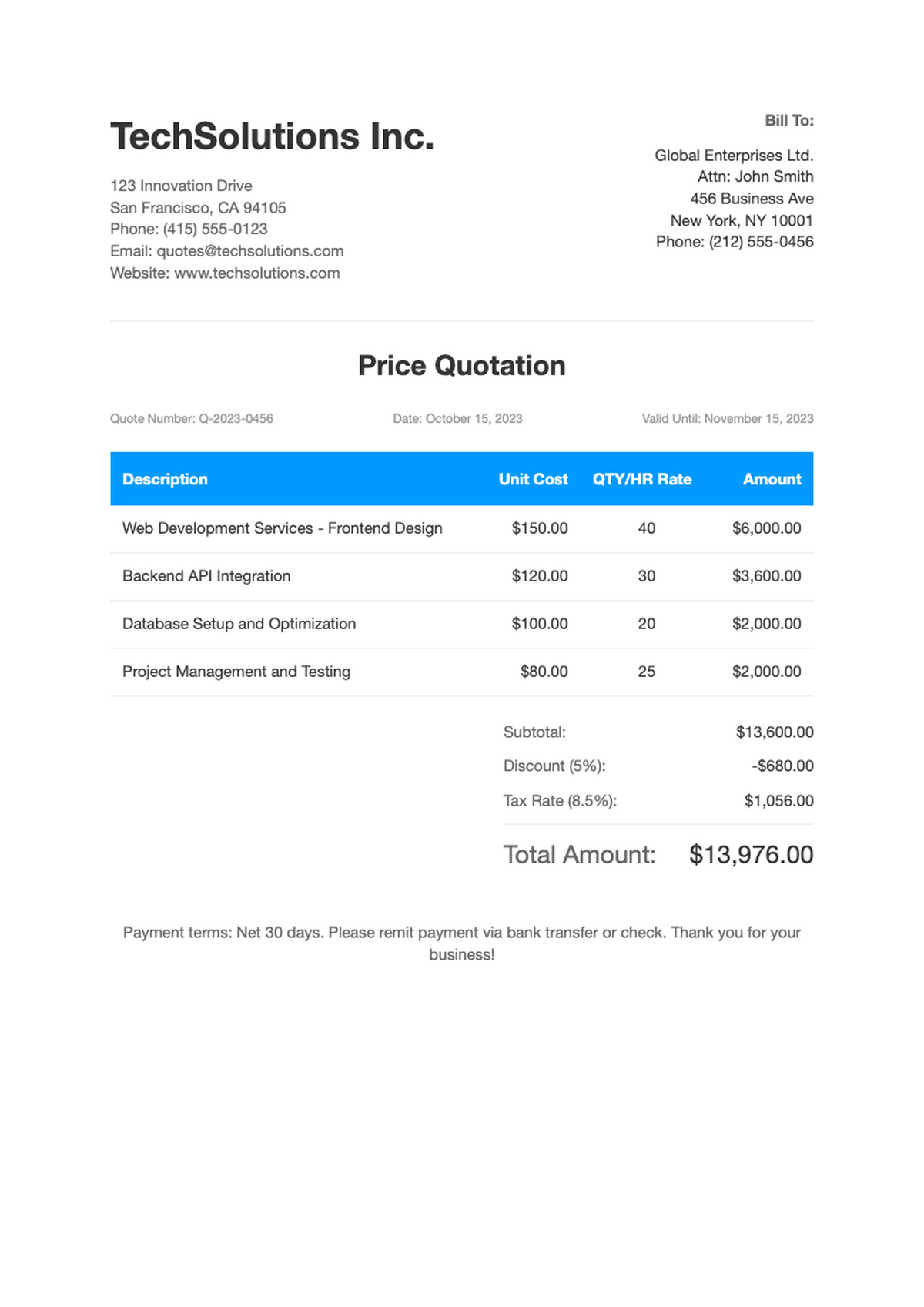 Professional business quote template with blue header and itemized table_variant_1